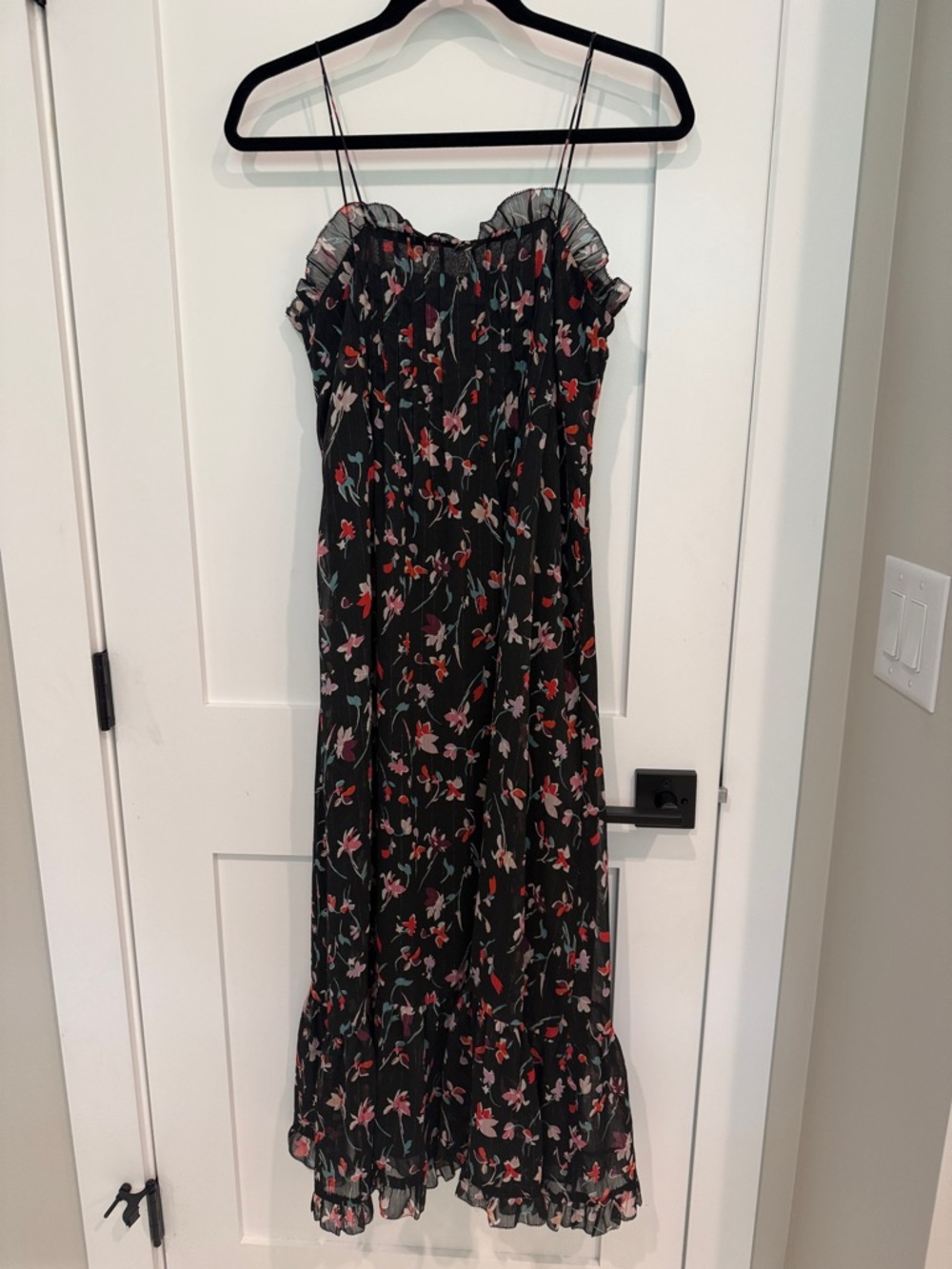 Madewell Black Floral Midi Dress with Pink & Red Flowers